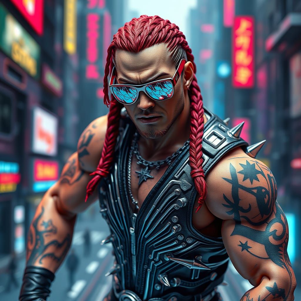Cyberpunk Wrestler in Futuristic Cityscape