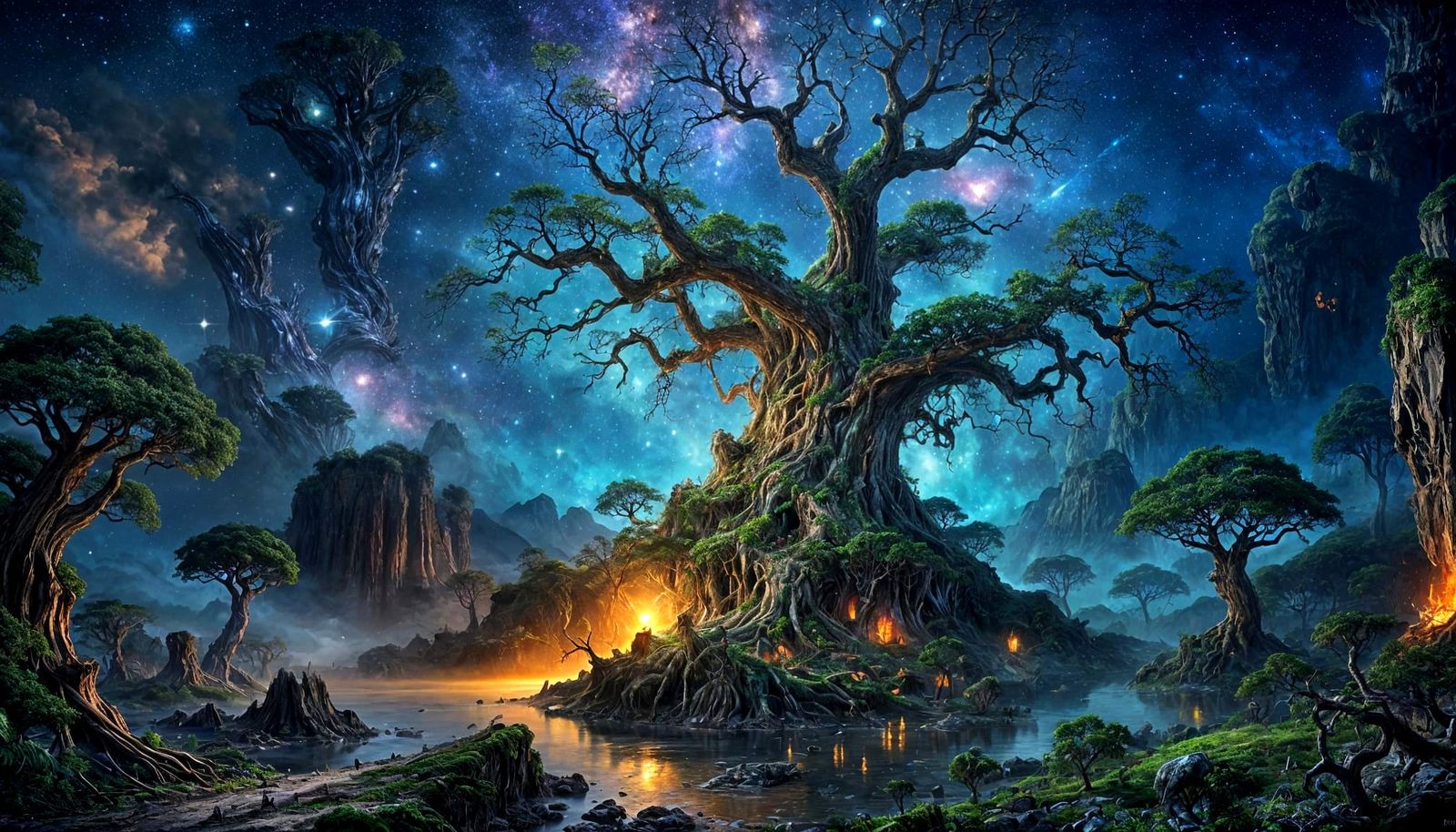 Ancient Surreal Tree Amidst Cosmic Jungle Ruins