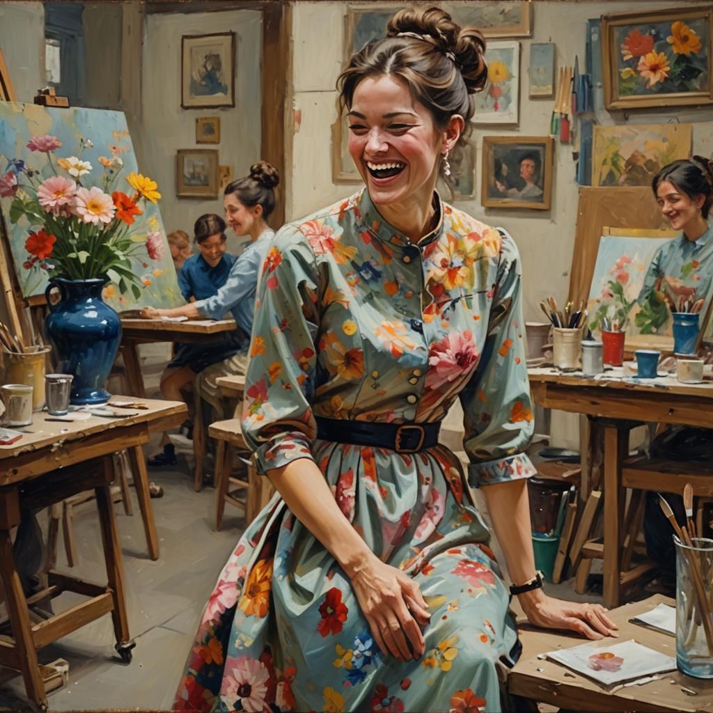 Woman Laughing in Art Class: Oil Painting