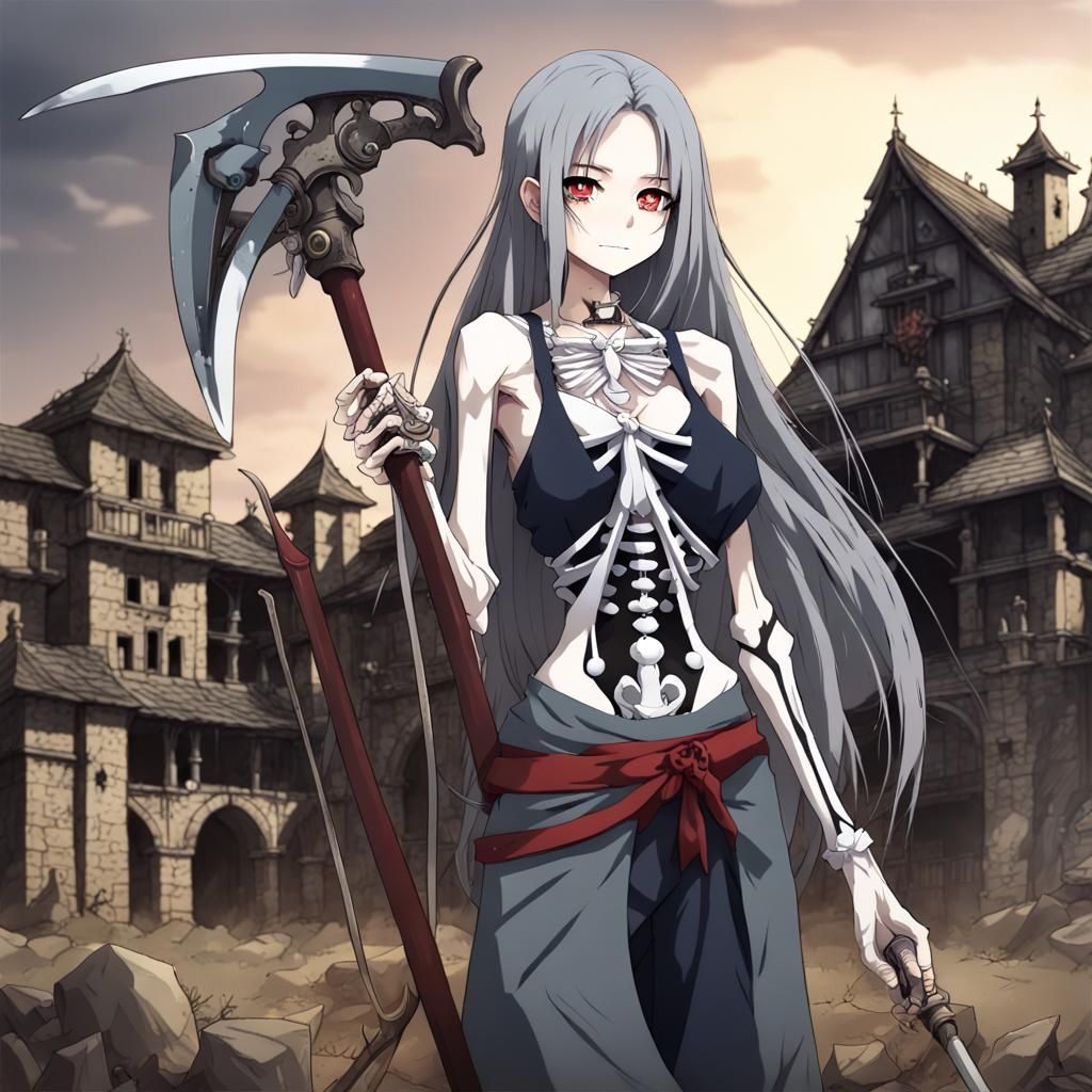 Anime Woman with Skeleton Tattoo and Scythe