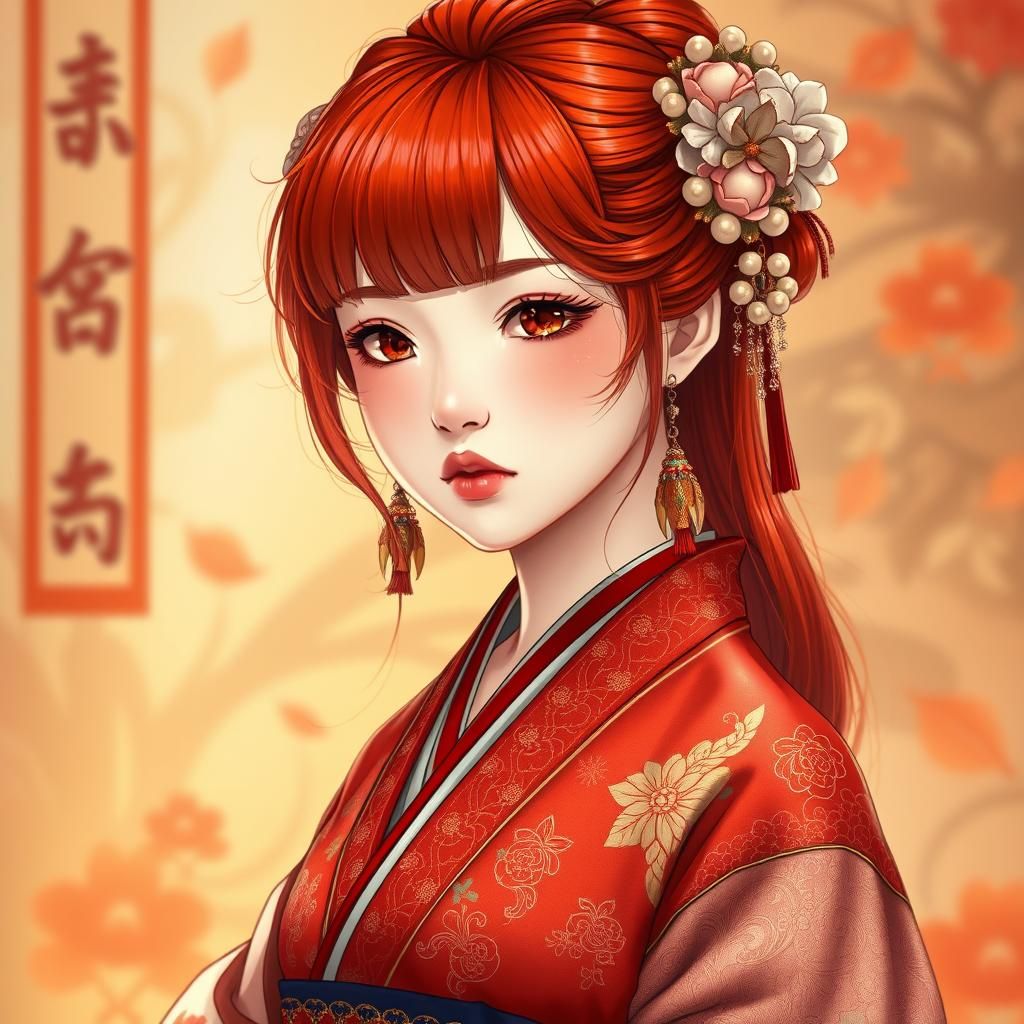 Red-Haired Girl in Traditional Dress, Manga Style