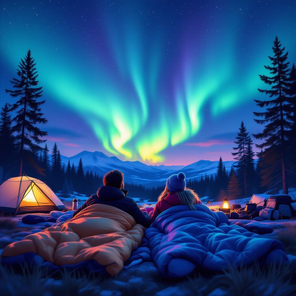 Couple Camping Under Northern Lights