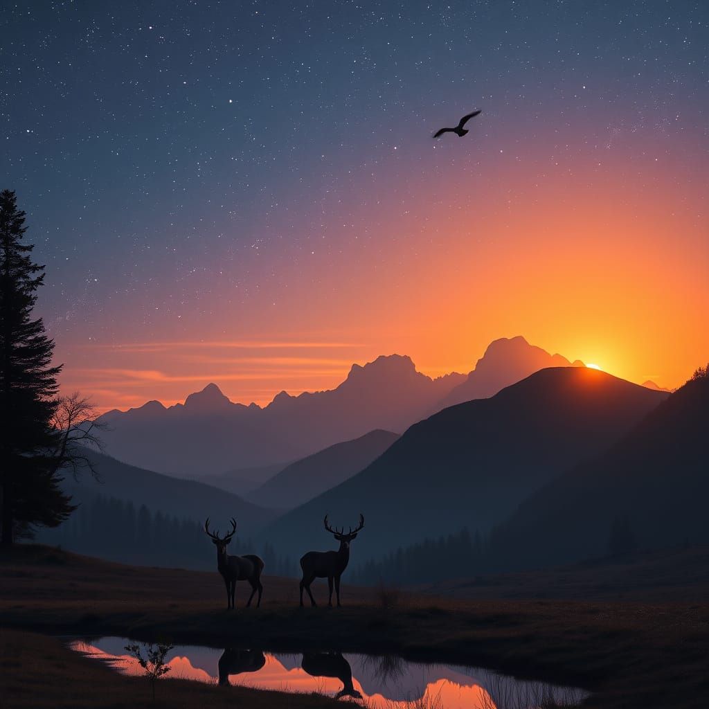 Serene Mountain Sunset with Deer and Starry Sky