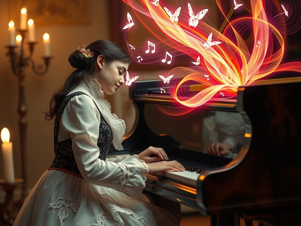 Dreaming Pianist Surrounded by Origami Music Notes