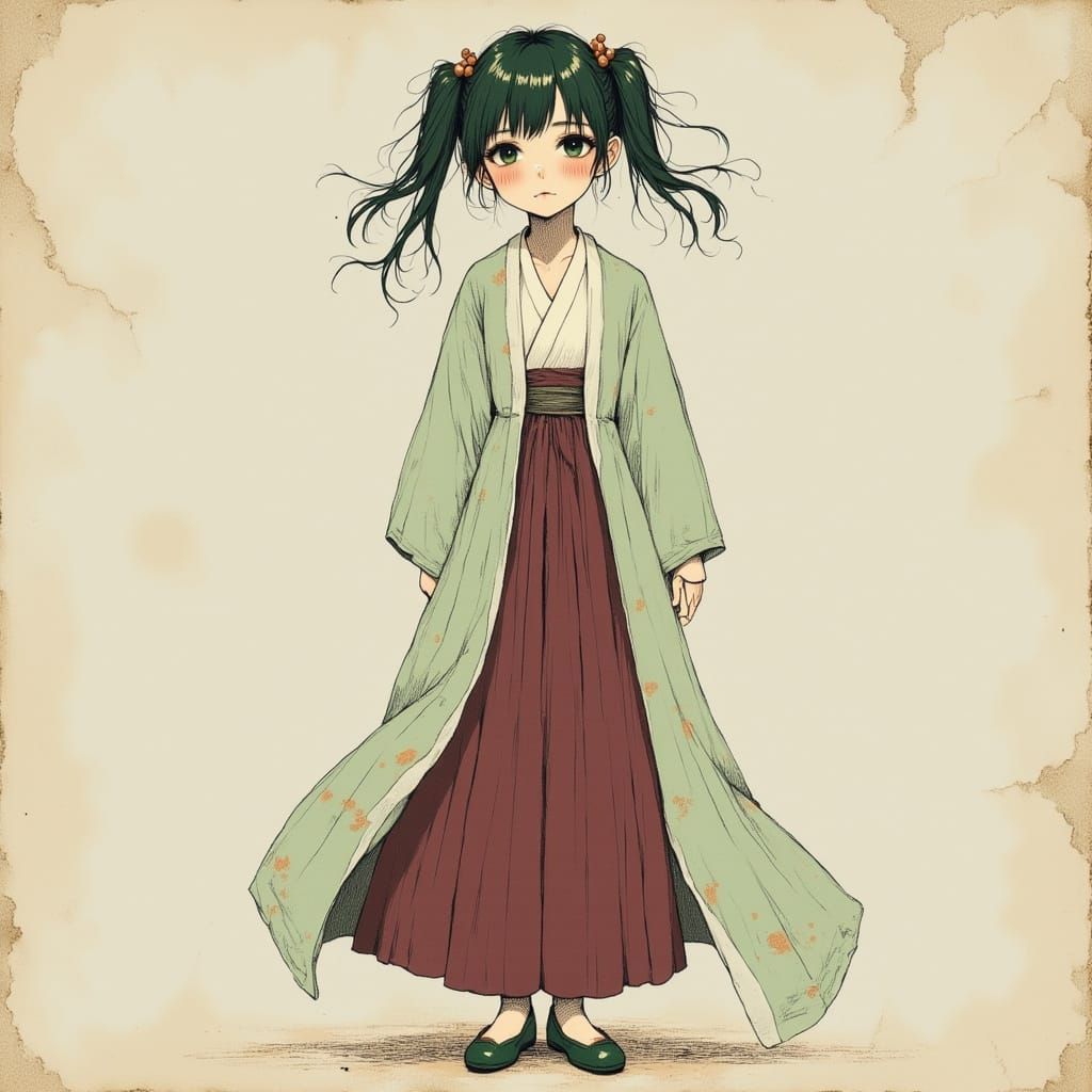 80s Anime Style Girl in Mint Green Hanfu