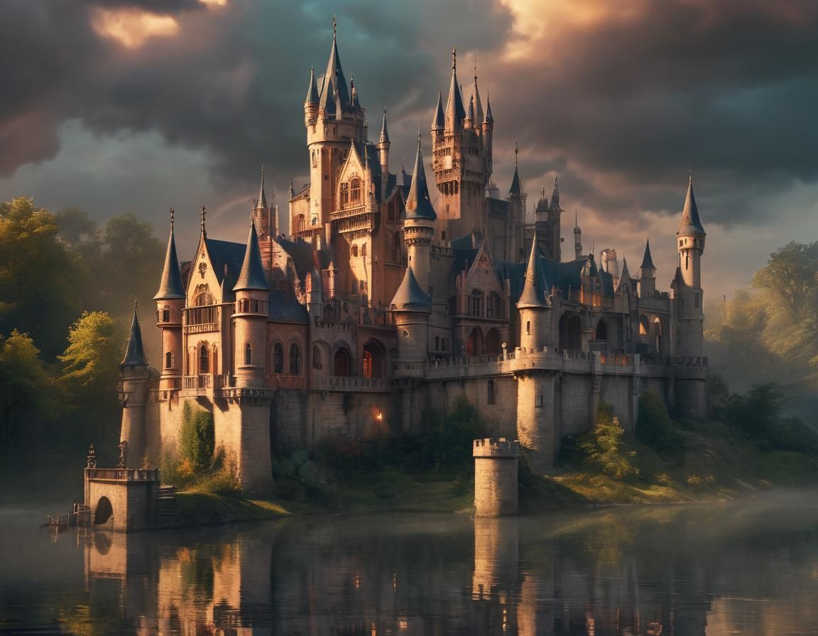 Gothic Castle in Vibrant Morning Light