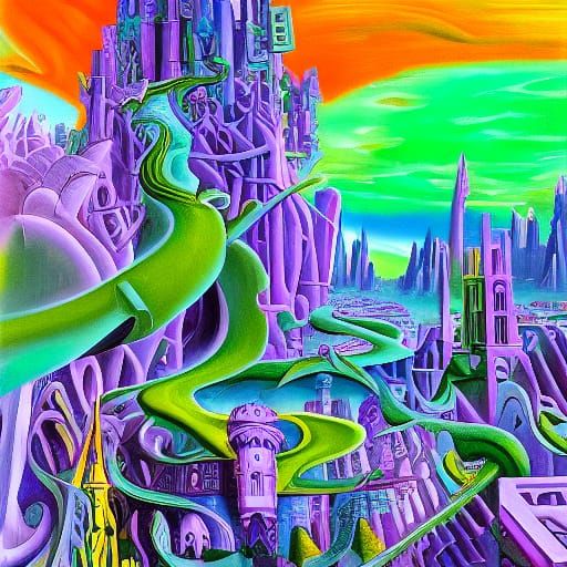 Vibrant Dreamlike Cityscape in Cyberpunk Oil Painting Style
