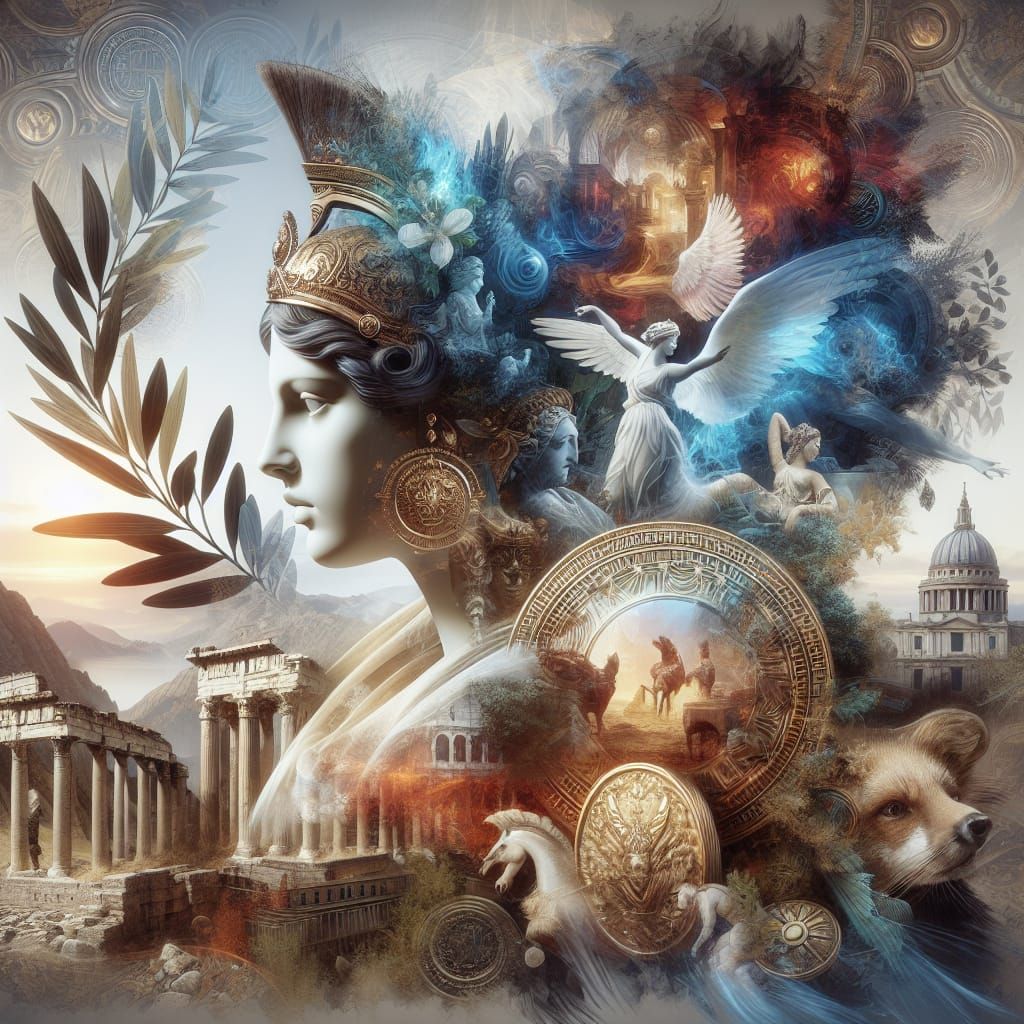 Regal Roman Goddess in Vibrant Double Exposure