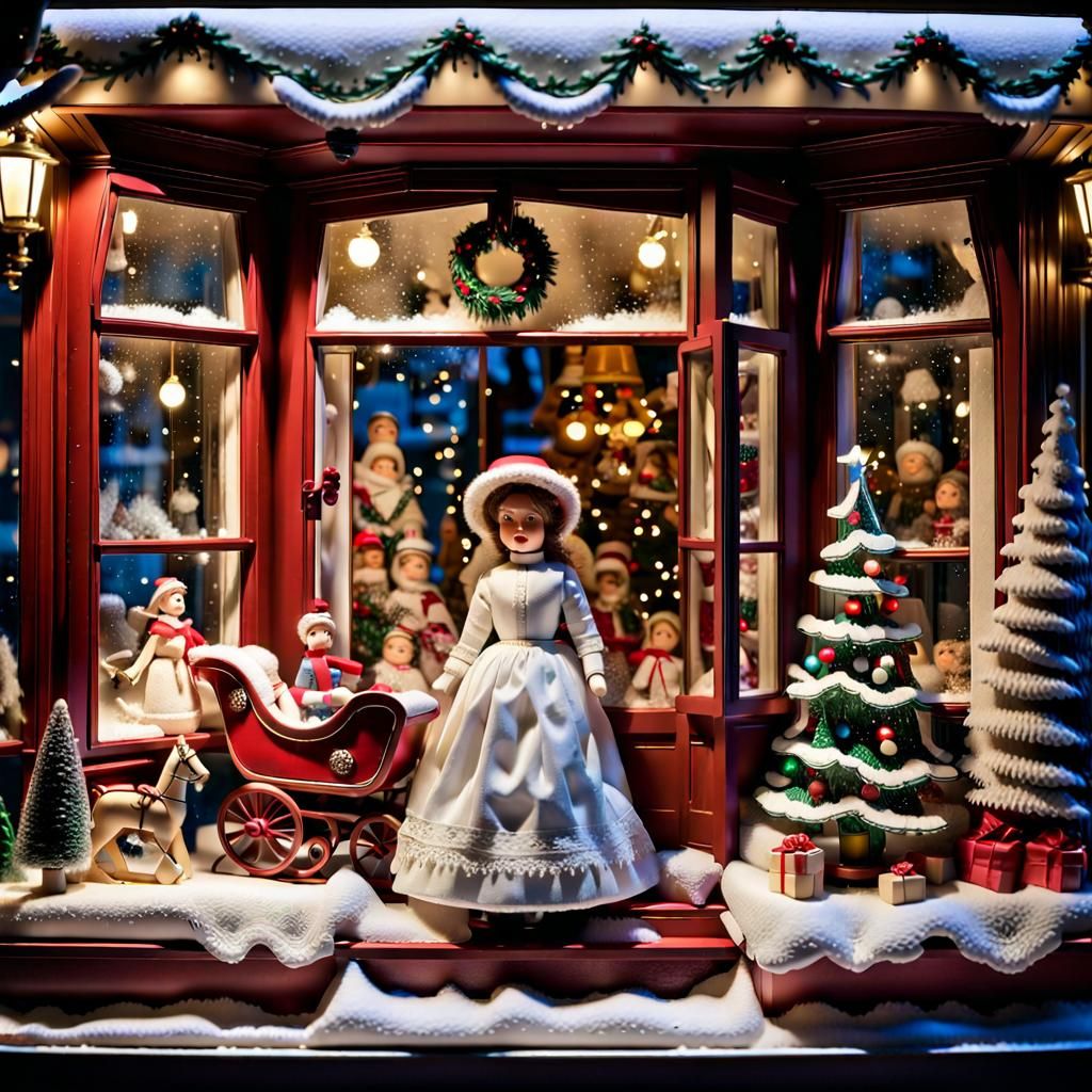 Victorian Toy Store Window Display at Night