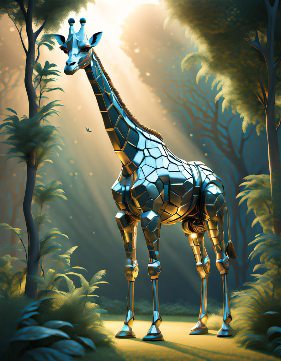 Robotic Giraffe Reaches for Tree Fruit in a Serene Landscape