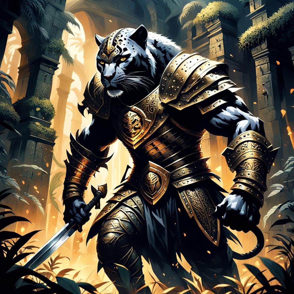 Panther Warrior in Jungle Temple, Dark Fantasy Art