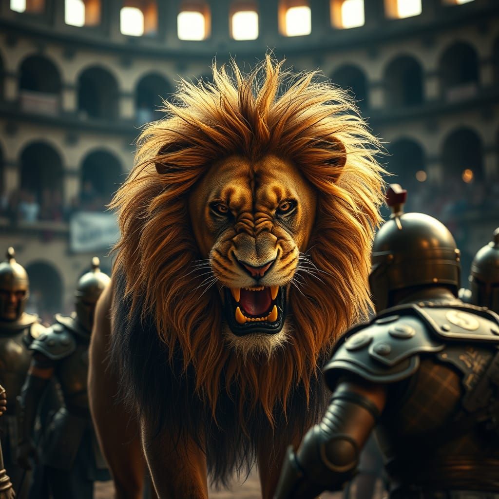 Giant Lion in Colosseum, Sports Photography Style