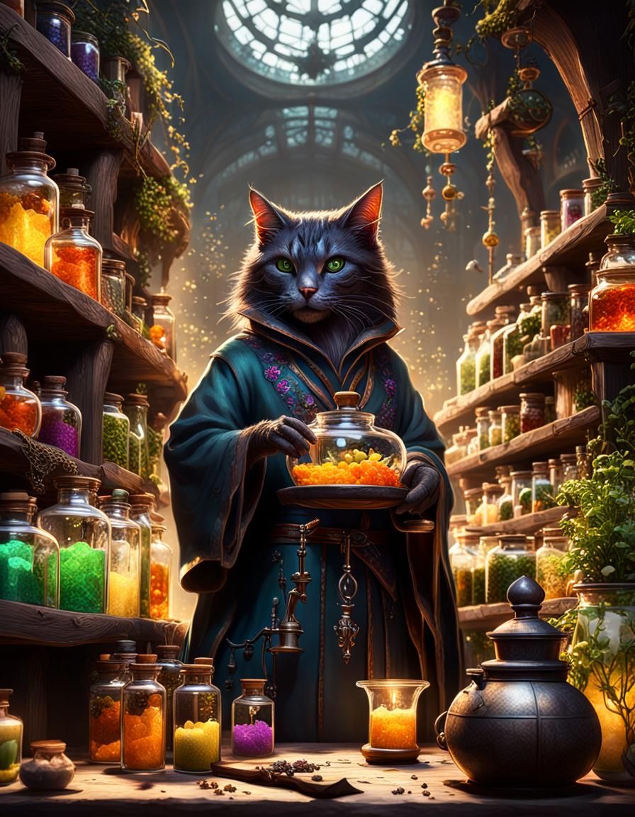 Feline Herbalist in Dark Magic Apothecary