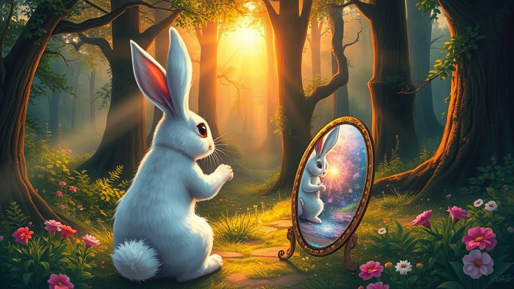 Enchanting White Rabbit Reflecting Mystical Realm