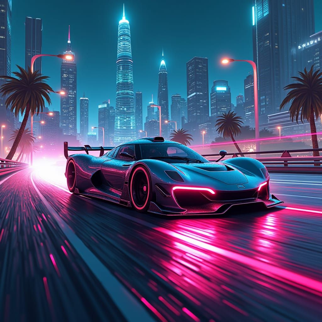 Neon Racing Car Speeds Through Cyberpunk Cityscape