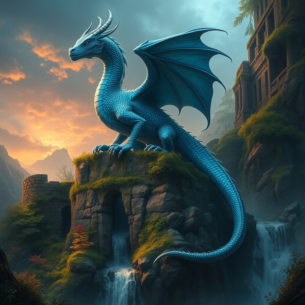 Majestic Female Blue Dragon on Ancient Ruins