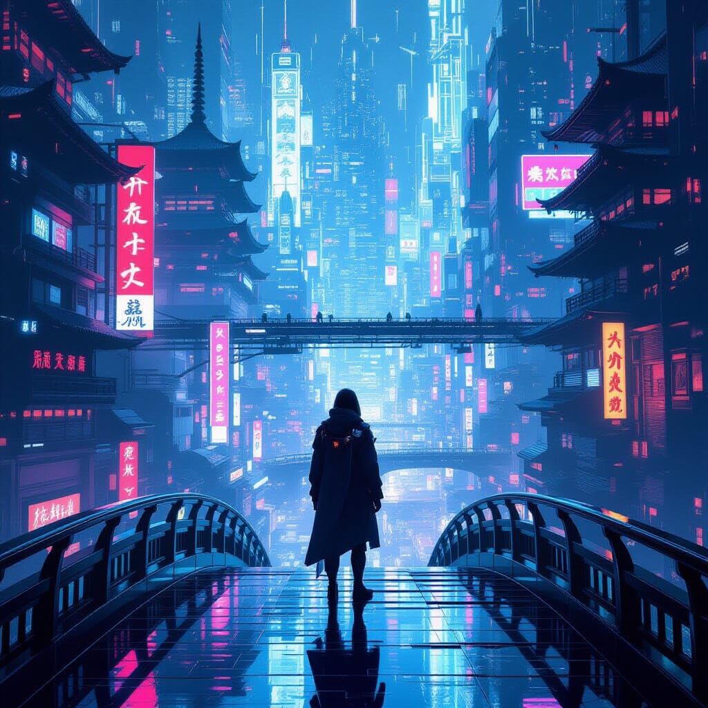 Cyberpunk Cityscape with Synthetic on Crystalline Bridge