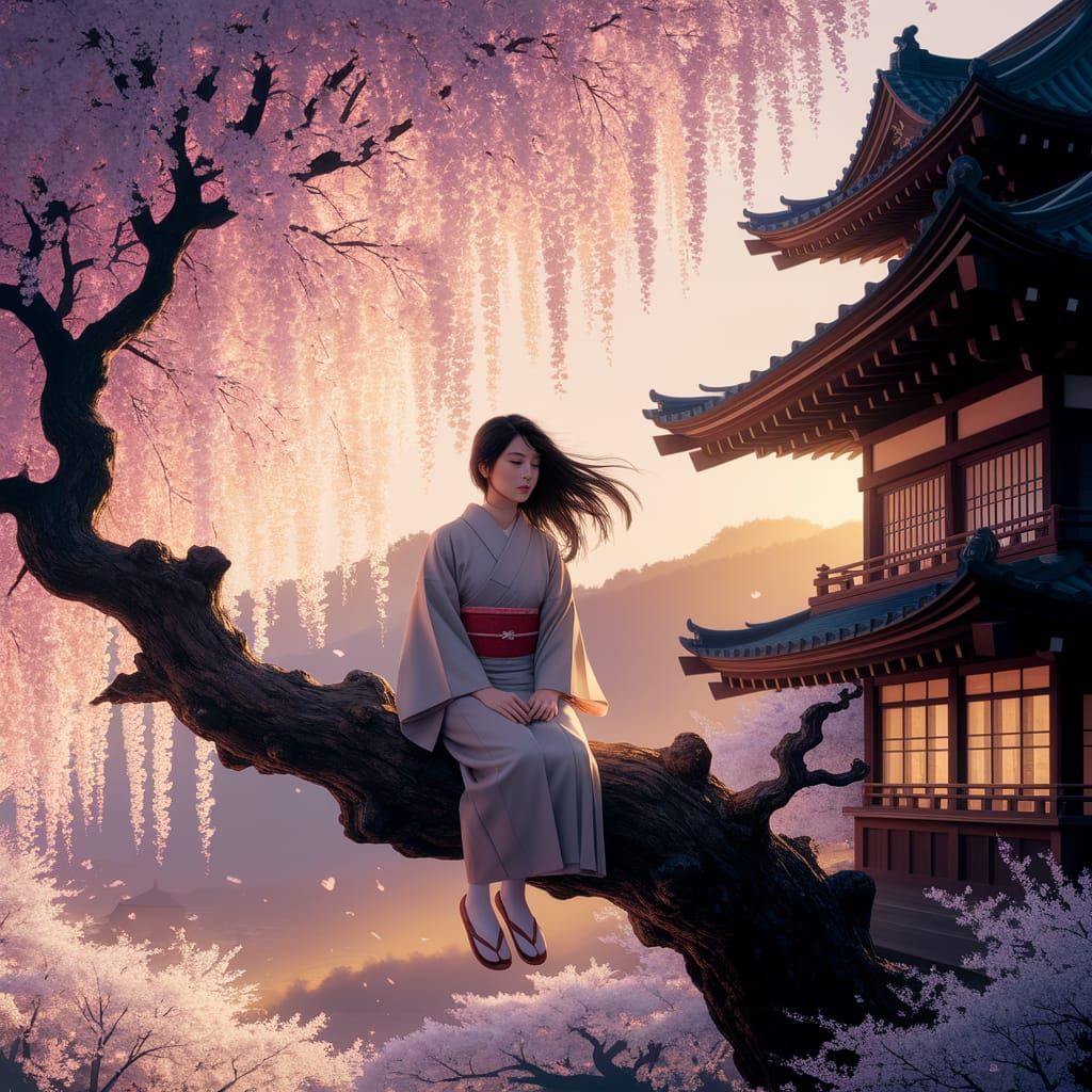 Serene Japanese Village with Woman in Kimono