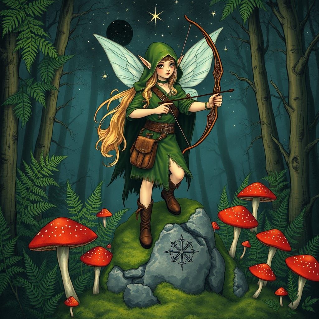 Pixie Archer Amidst Ethereal Forest, Glowing Bow in Hand, Go...