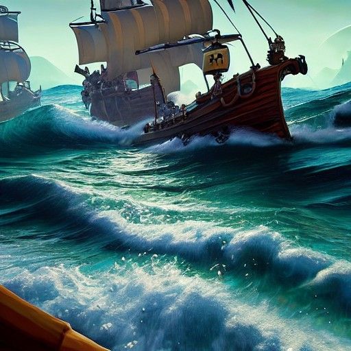 Hyperrealistic Pirate Ship on the Ocean as Oil Painting