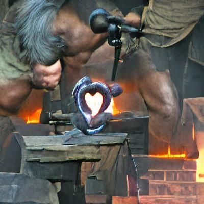 Blacksmith Forging a Heart in Fiery Workshop