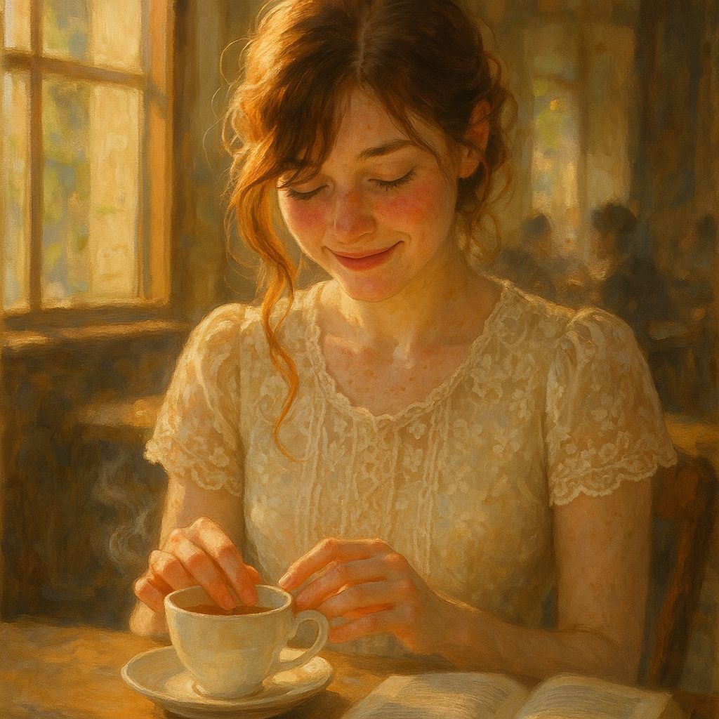 A Shy Woman Blushing in a Sunlit Café