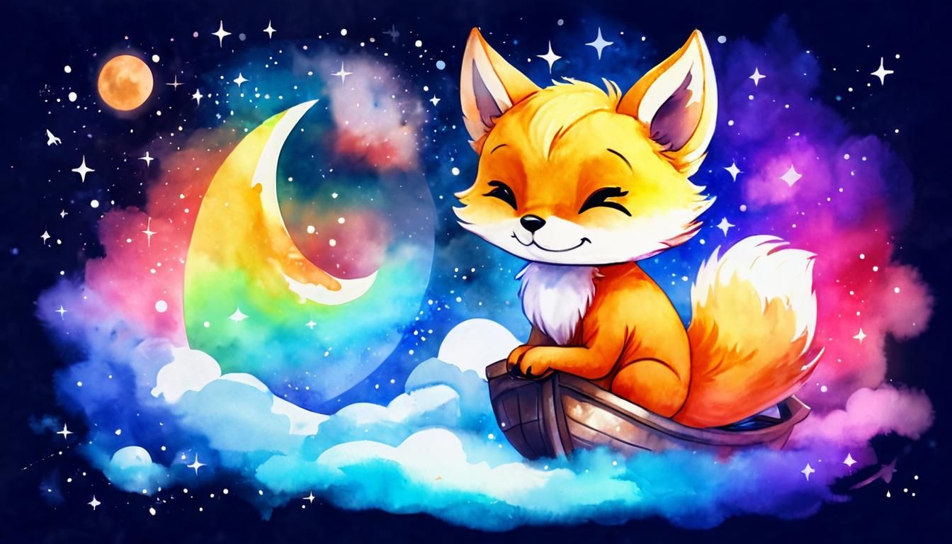 Happy Chibi Fox in Cosmic Watercolour Dreamscape