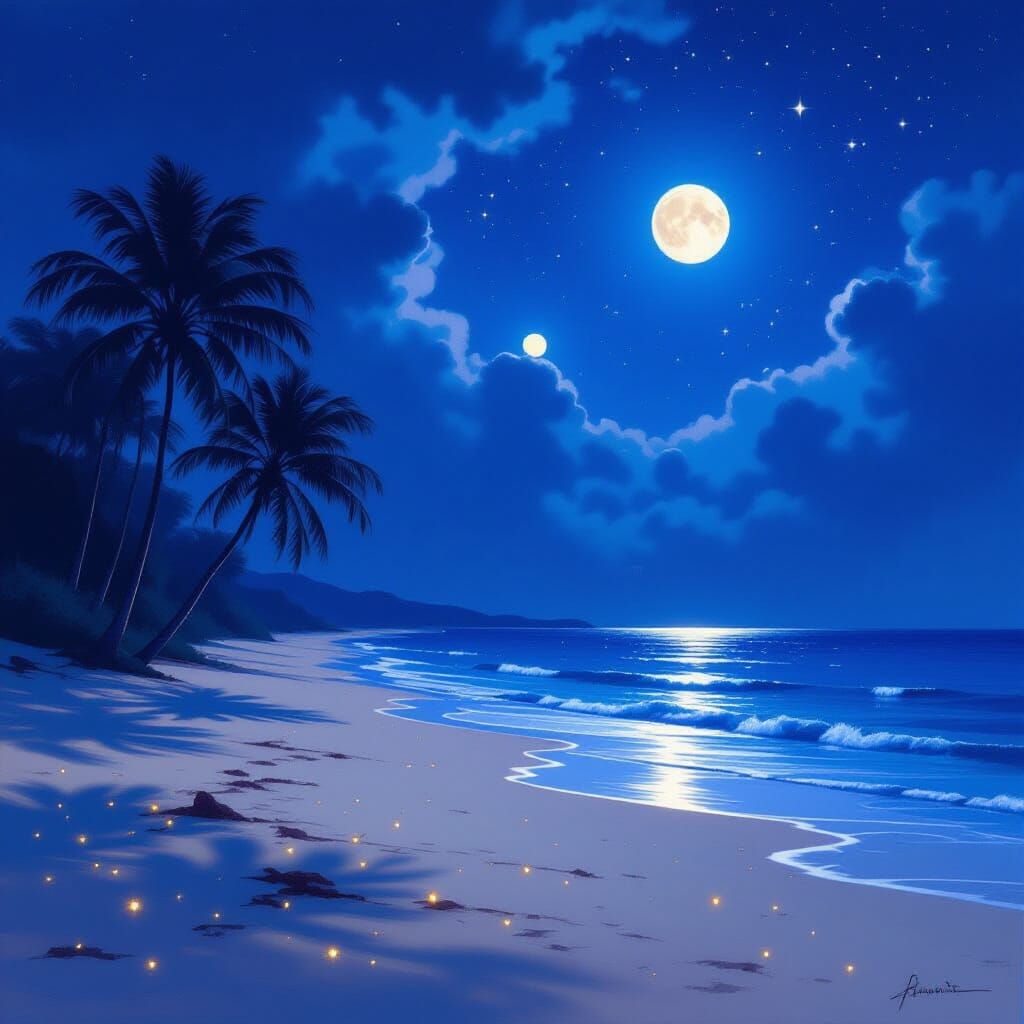 Alien Beach Under Nebula Sky with Ethereal Glow