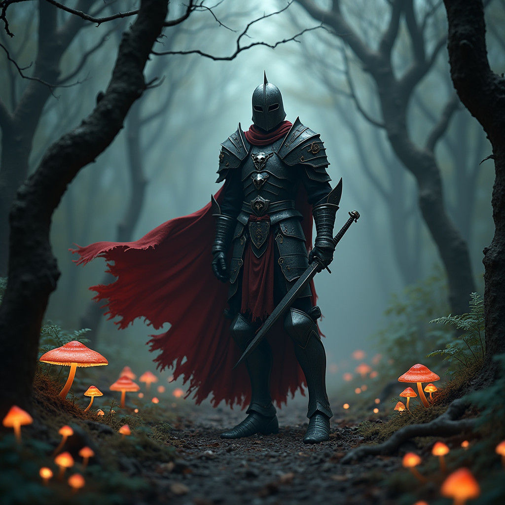 Dark Fantasy Knight in Mystical Forest Concept Art