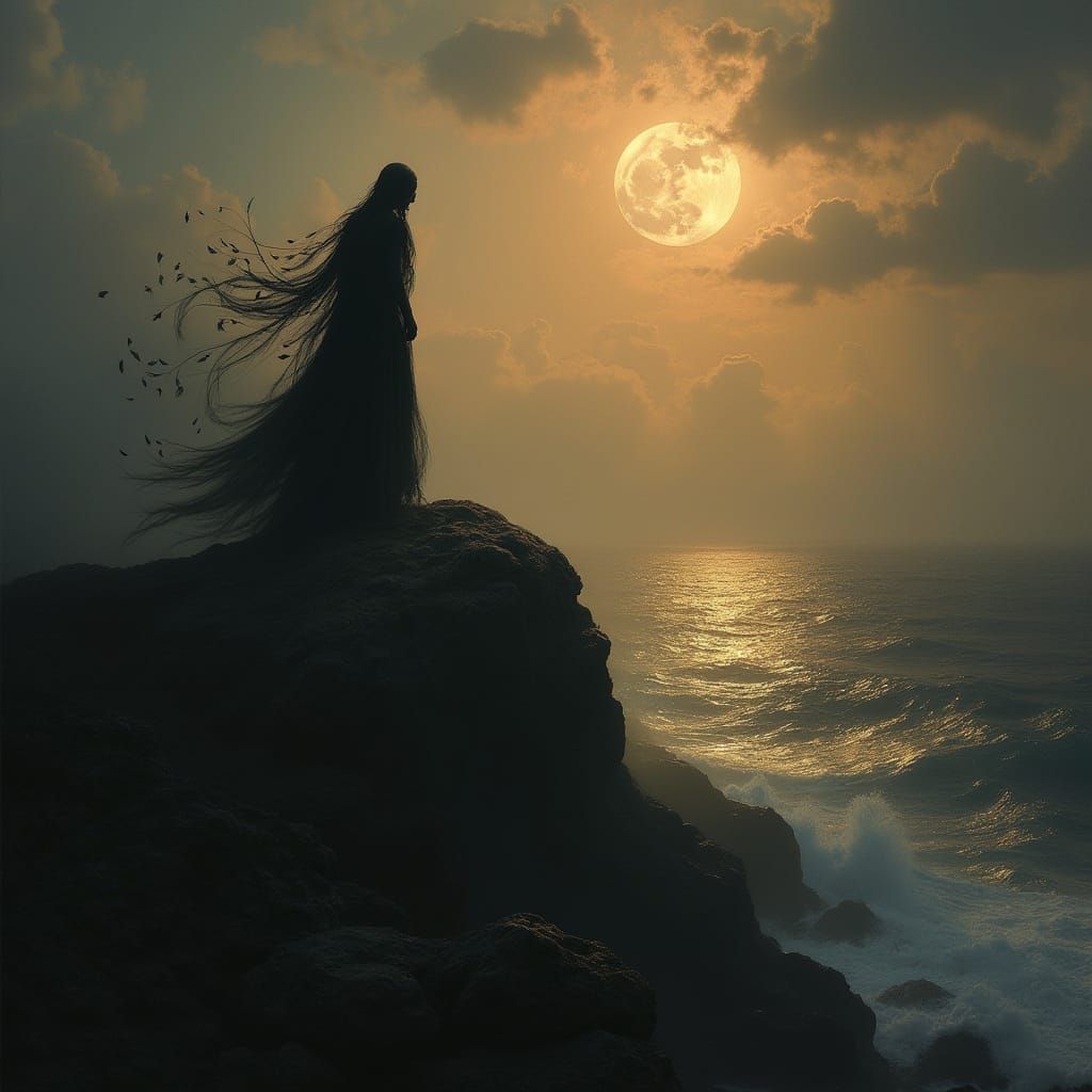 Surreal Feathers Dance Amidst Sunset, Ocean, and Moonlit Mou...