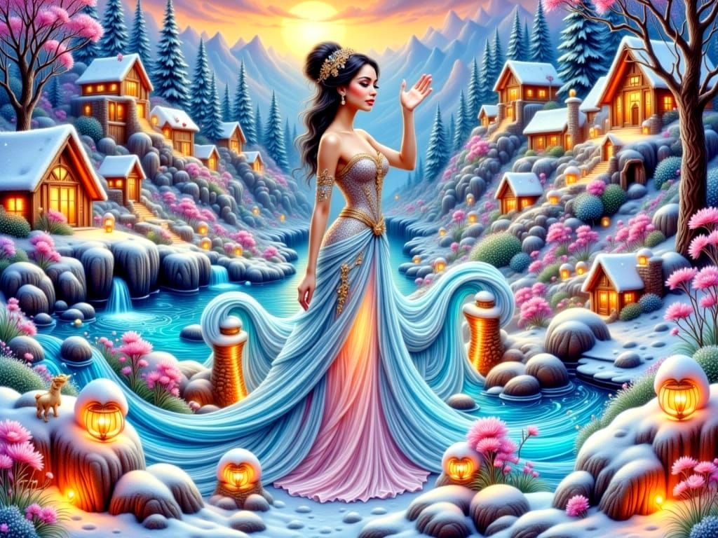 Winter: Young woman in the landscape of a valley