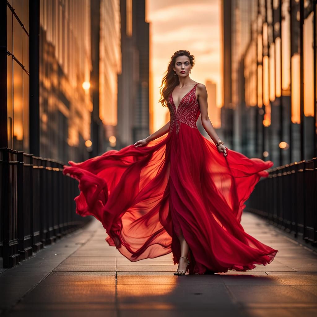 Urban Glamour: Woman in Red Gown at Twilight
