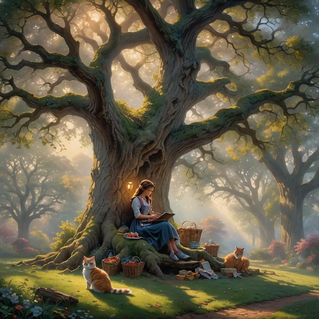 Girl and Cat's Ethereal Picnic by Oak Tree
