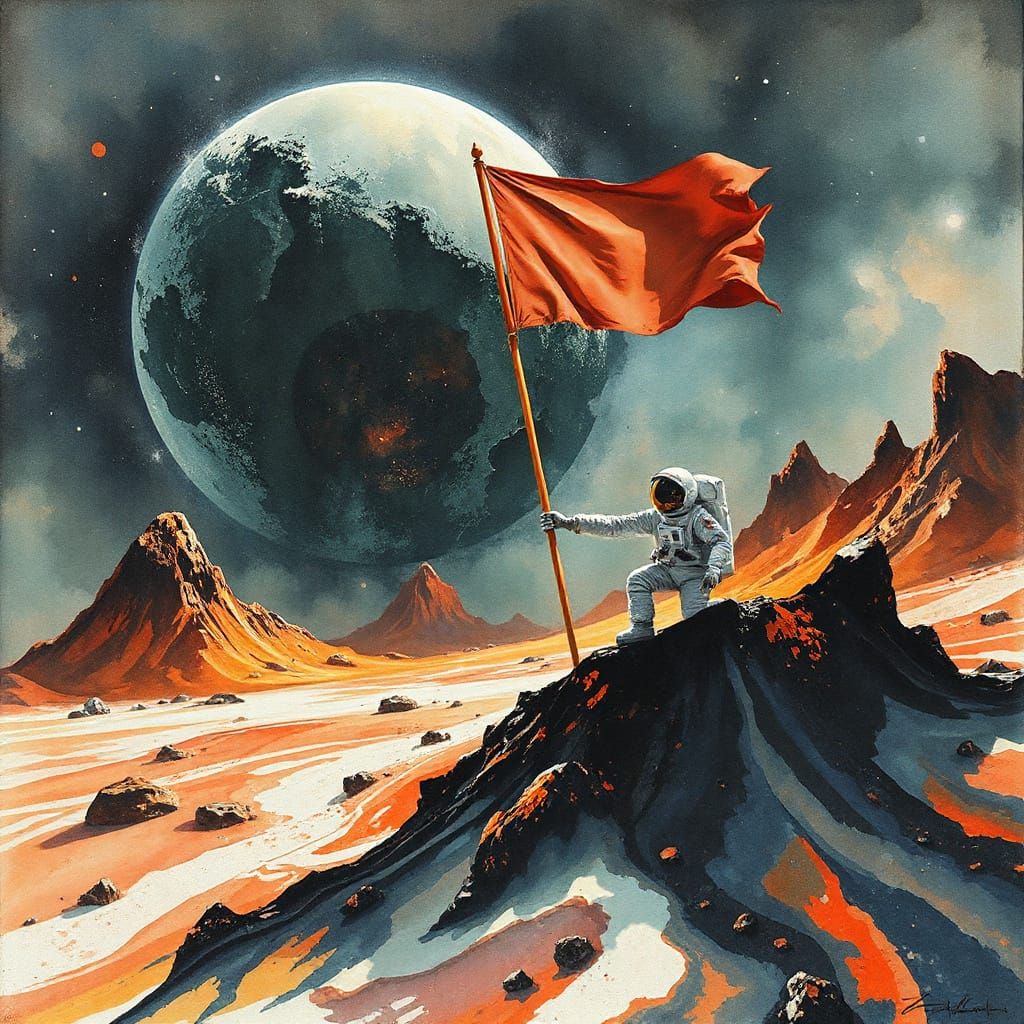 Astronaut Plants Flag on Surreal Alien Planet