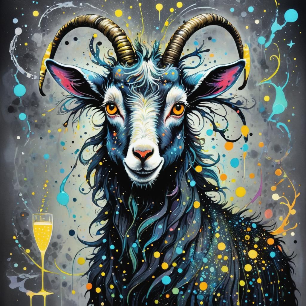 Whimsical Goat in Pointillism Blacklight Fantasy Style