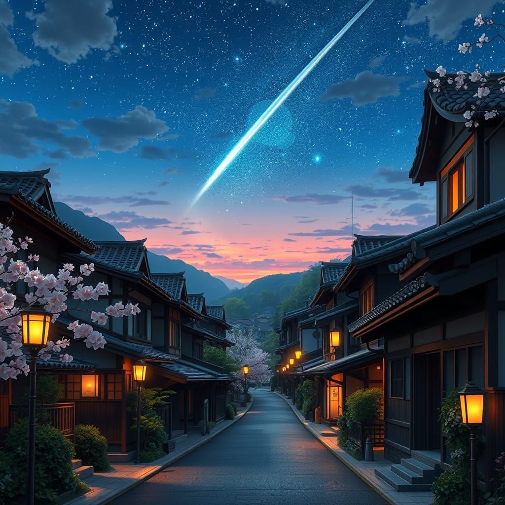 Japanese Village Street Scene at Dusk with Comet