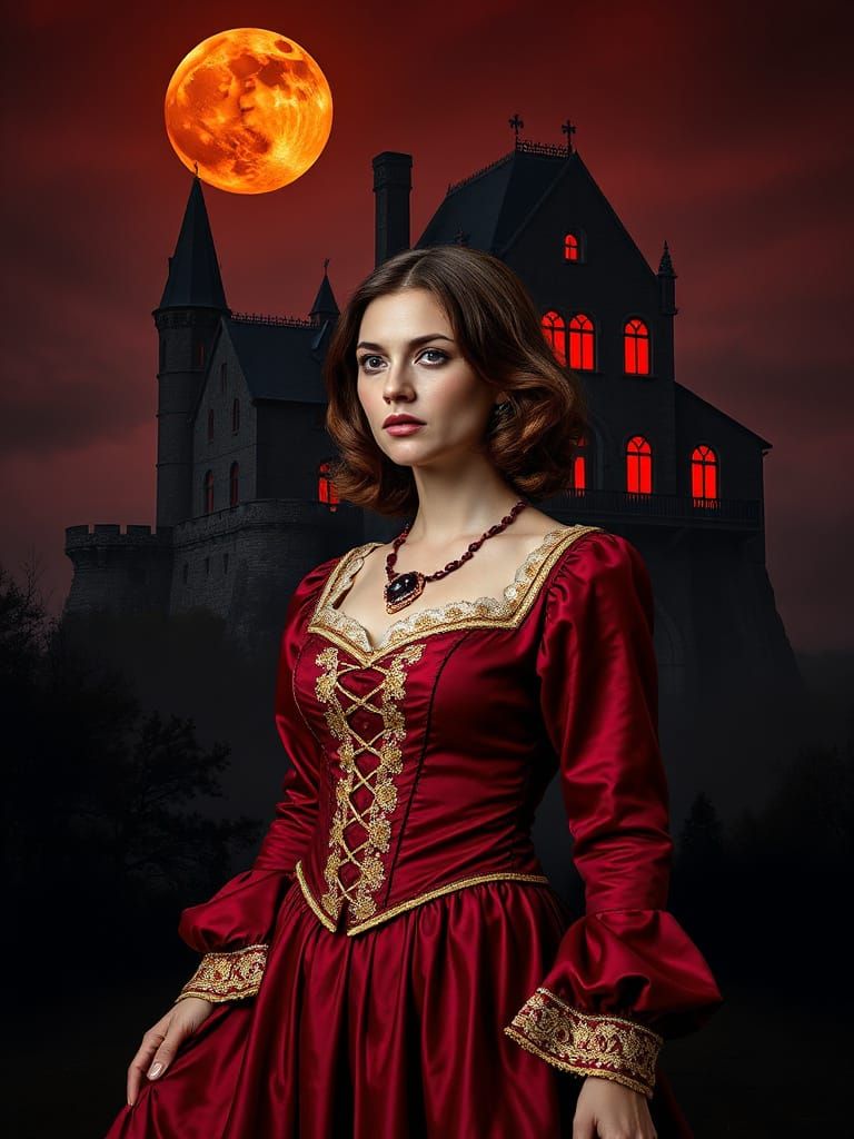 Woman in Red Gown Before Castle Under Blood Moon