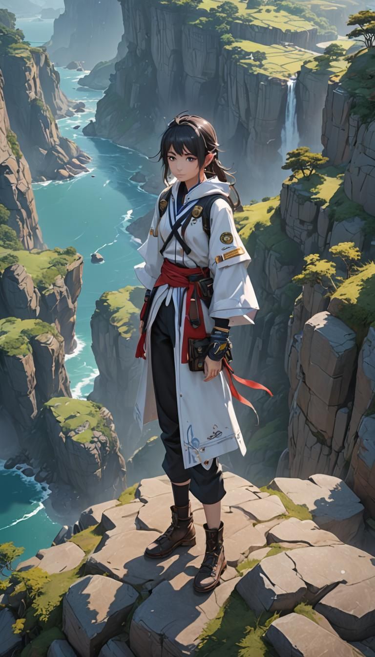 Anime Figure on Cliff in Detailed 3D Art