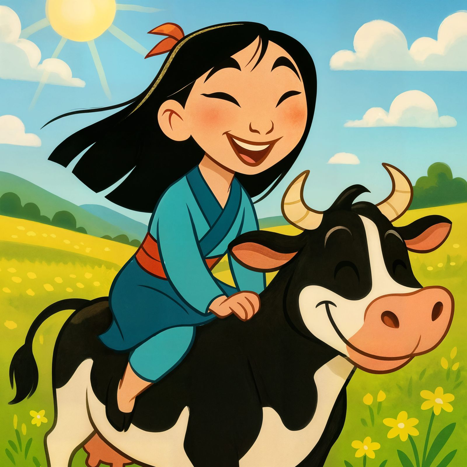 Cartoon Mulan Rides a Cow in Sunny Field