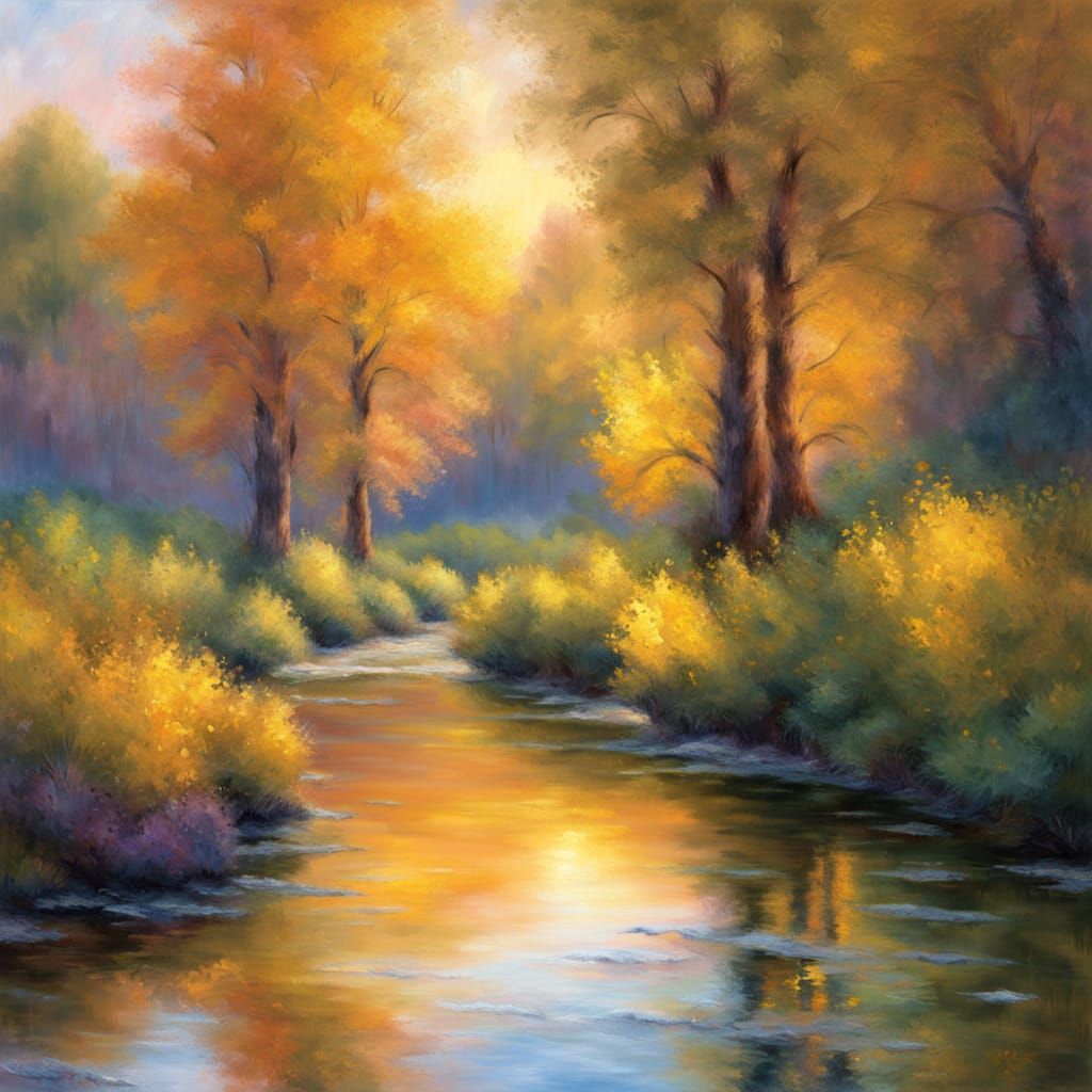 Impressionist Autumn Stream Reflecting Vibrant Trees