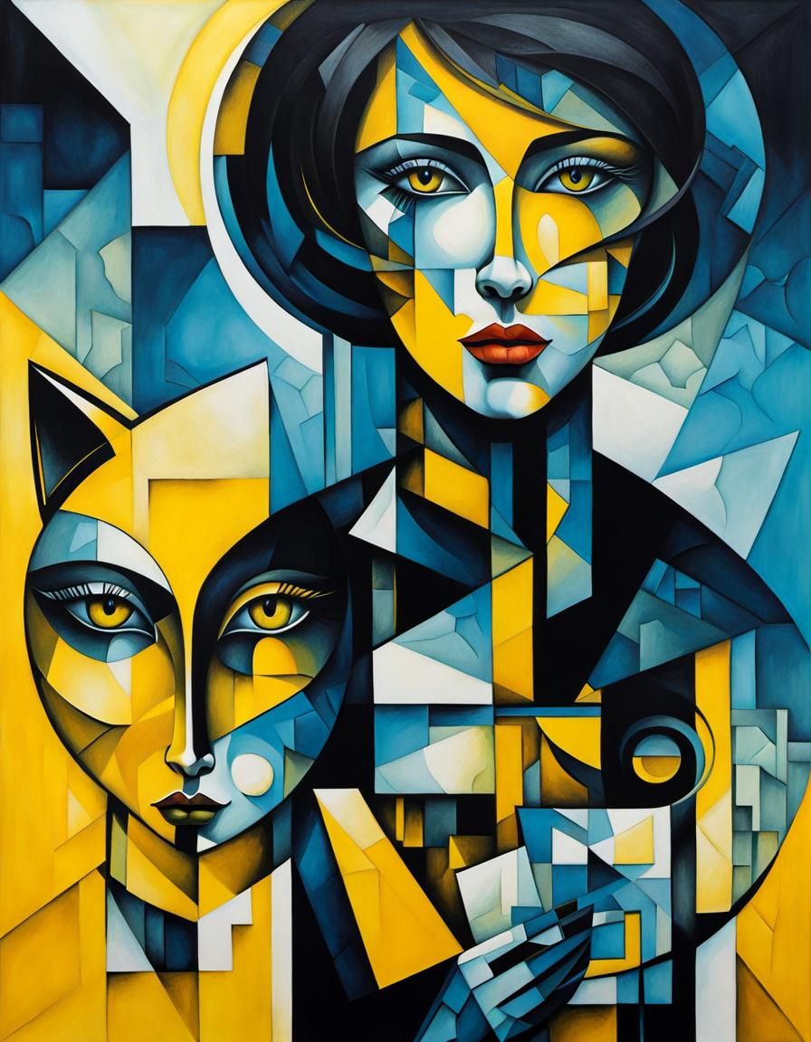Ethereal Cubist Woman with Cat Portrait in Acrylic