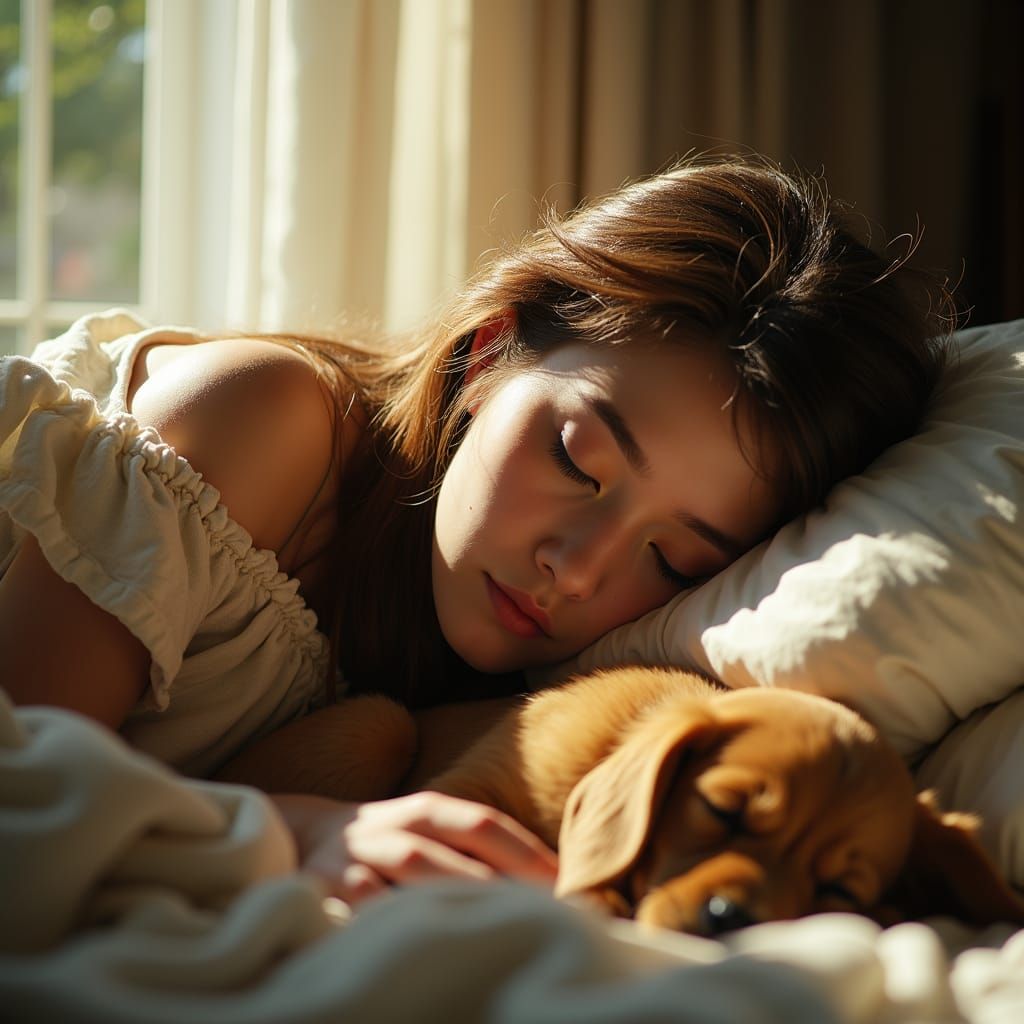 Sunlit Portrait of Girl with Puppy, Cinematic Style