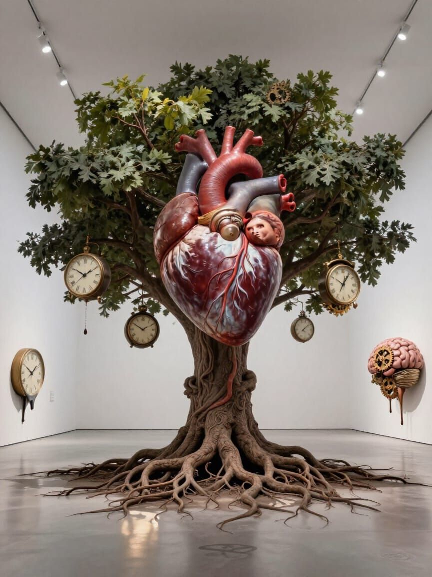 Surreal Art Exhibition: Giant Heart, Tree, and Clocks