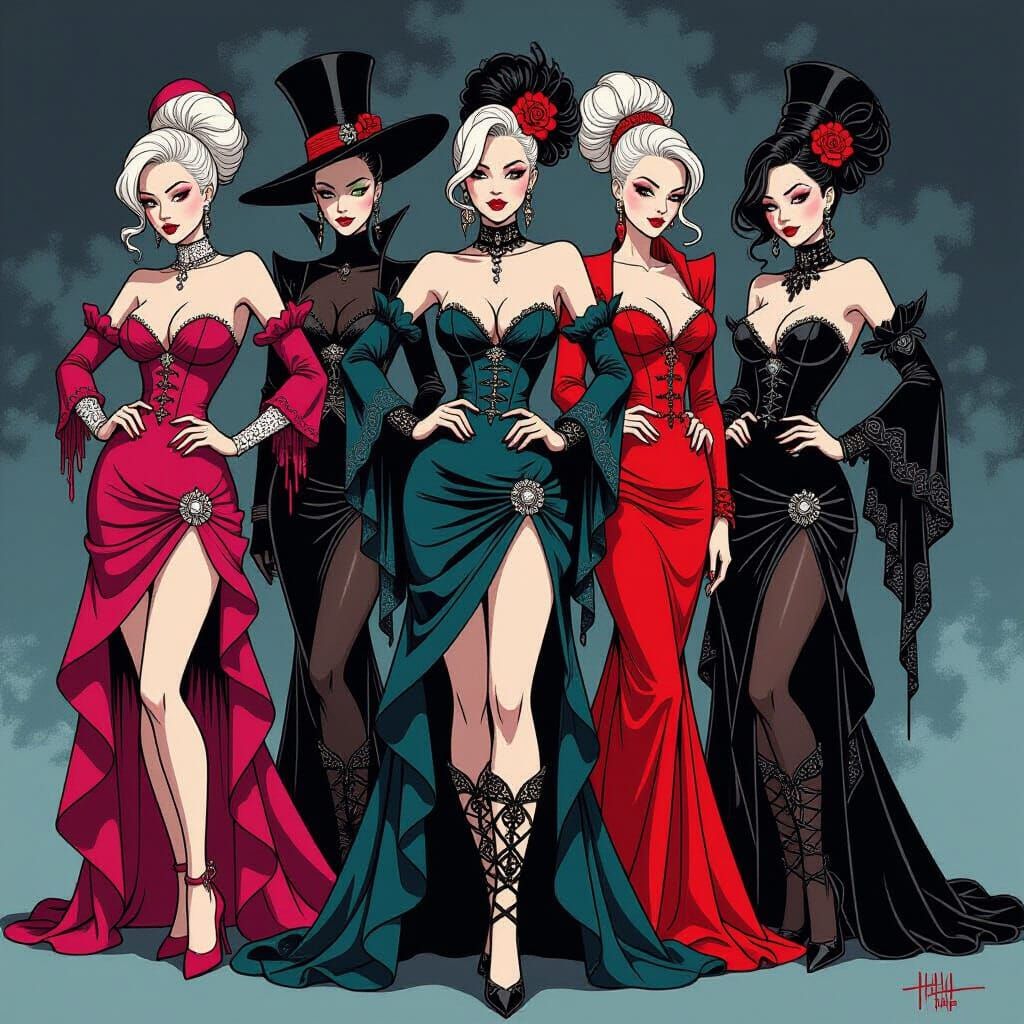 Flash Tattoo Sheet of Gothic Ladies in Bold Graphic Style