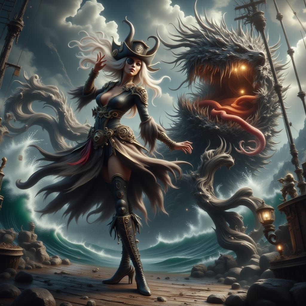 Steampunk Pirate Captain on Stormy Seas, Digital Art