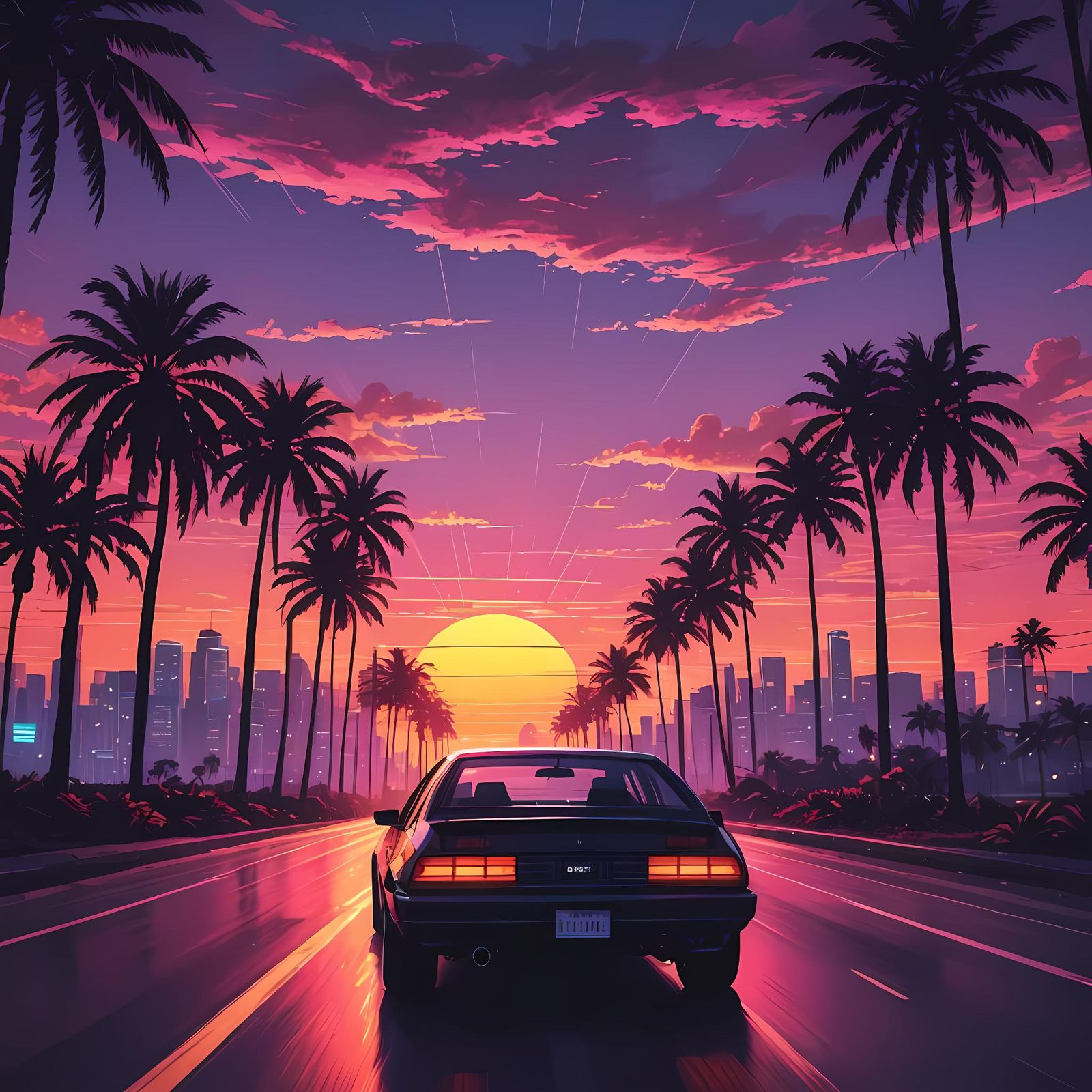 Synthwave Car Driving into Sunset with Palm Trees