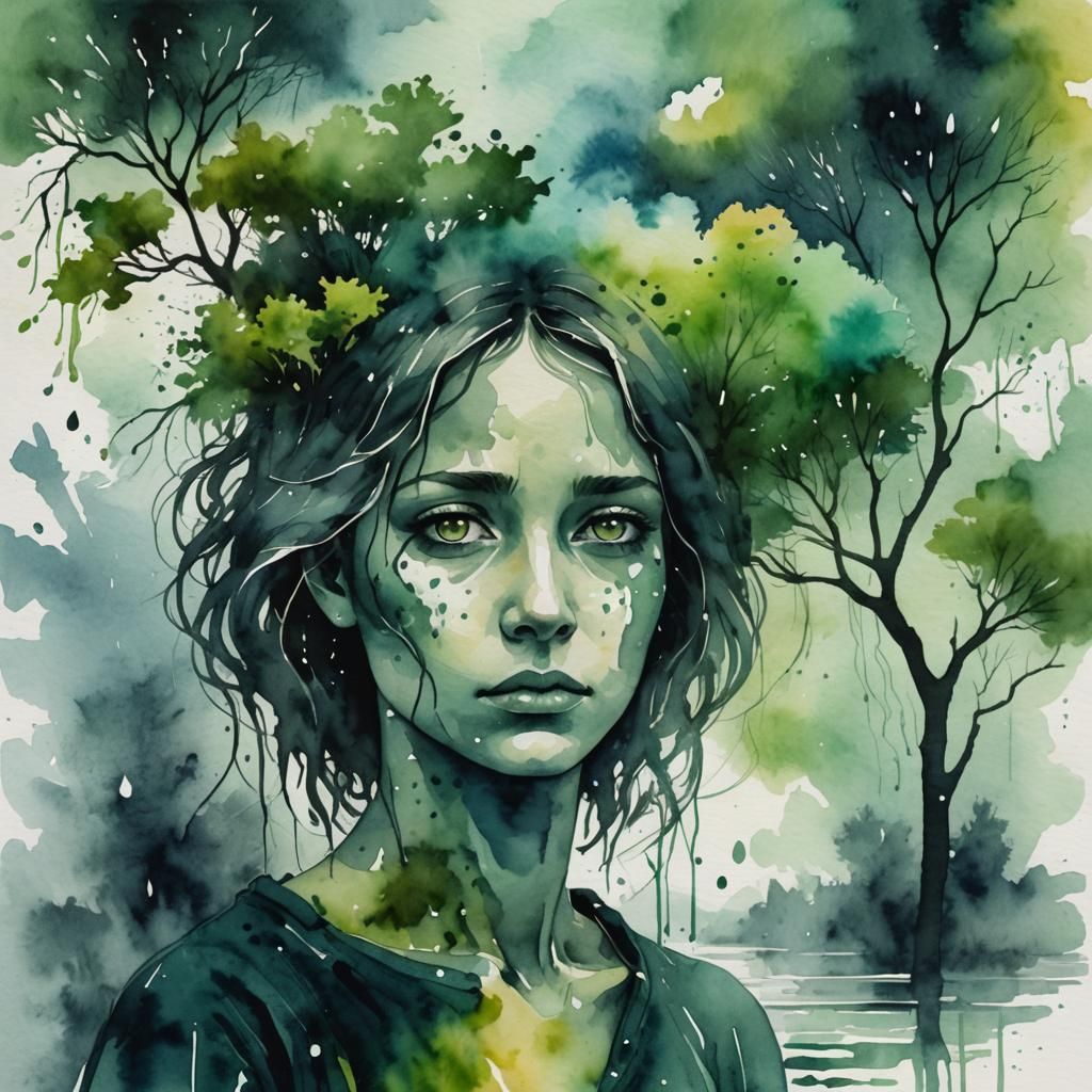 Moody Watercolor: Woman in Polluted Landscape