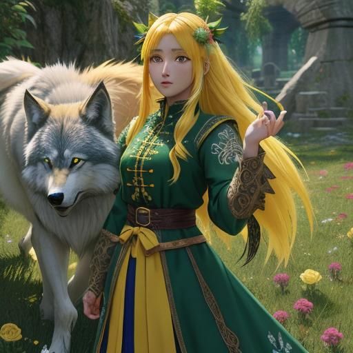Summer girl and wolf