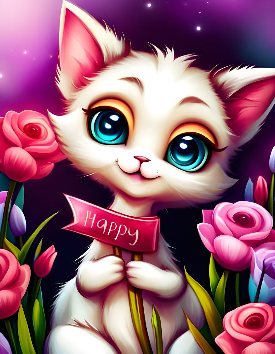 Chibi Cat Birthday Greeting in Oil Painting Style
