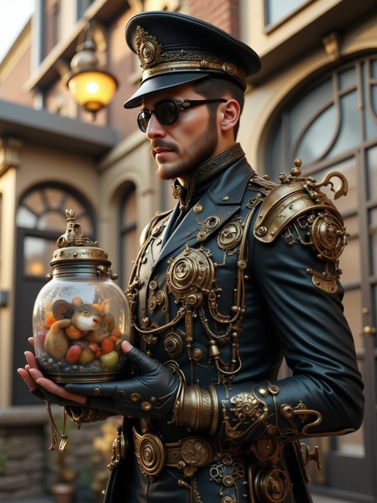 Steampunk Policeman with Mouse in Jam Jar